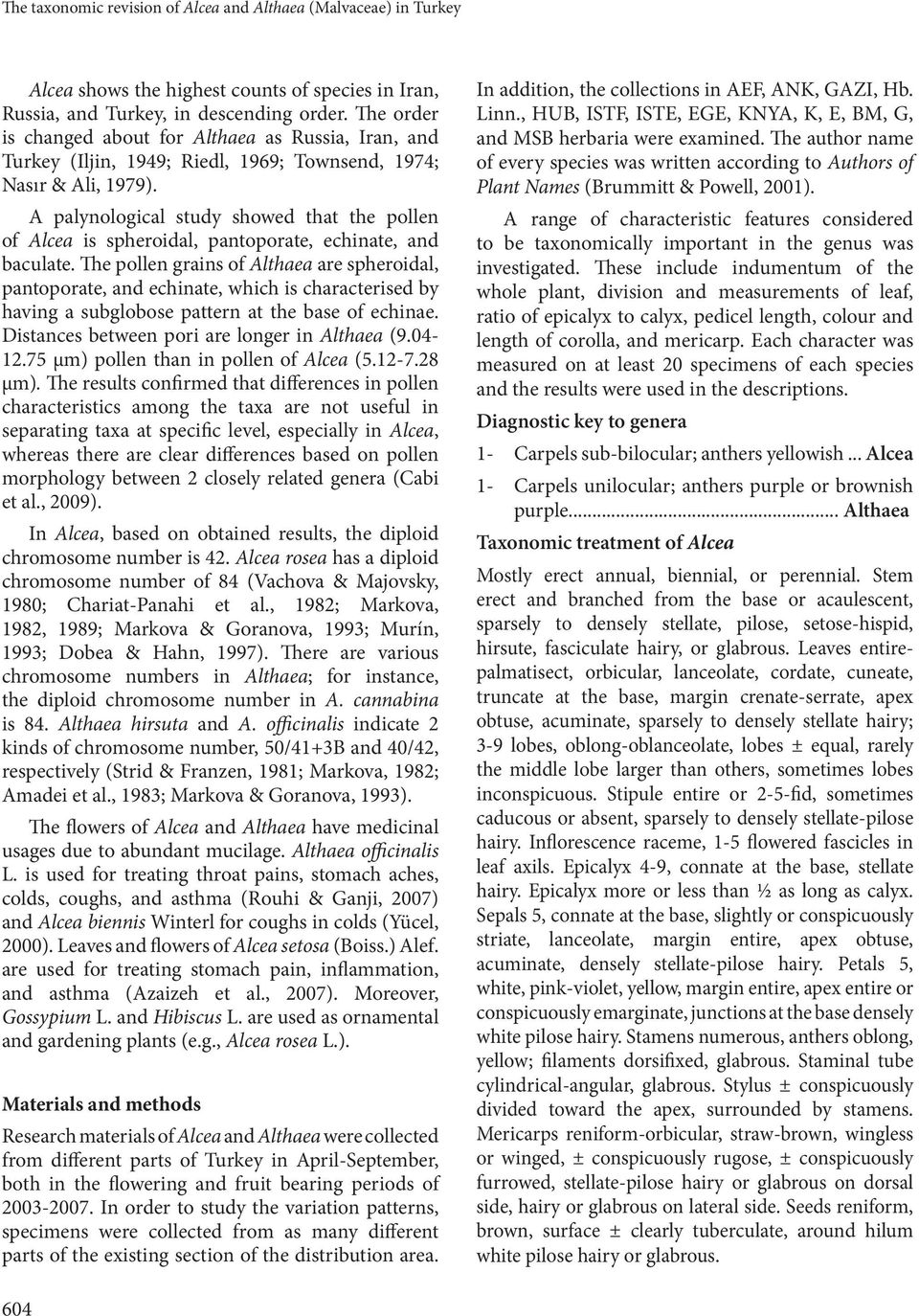 A palynological study showed that the pollen of Alcea is spheroidal, pantoporate, echinate, and baculate.