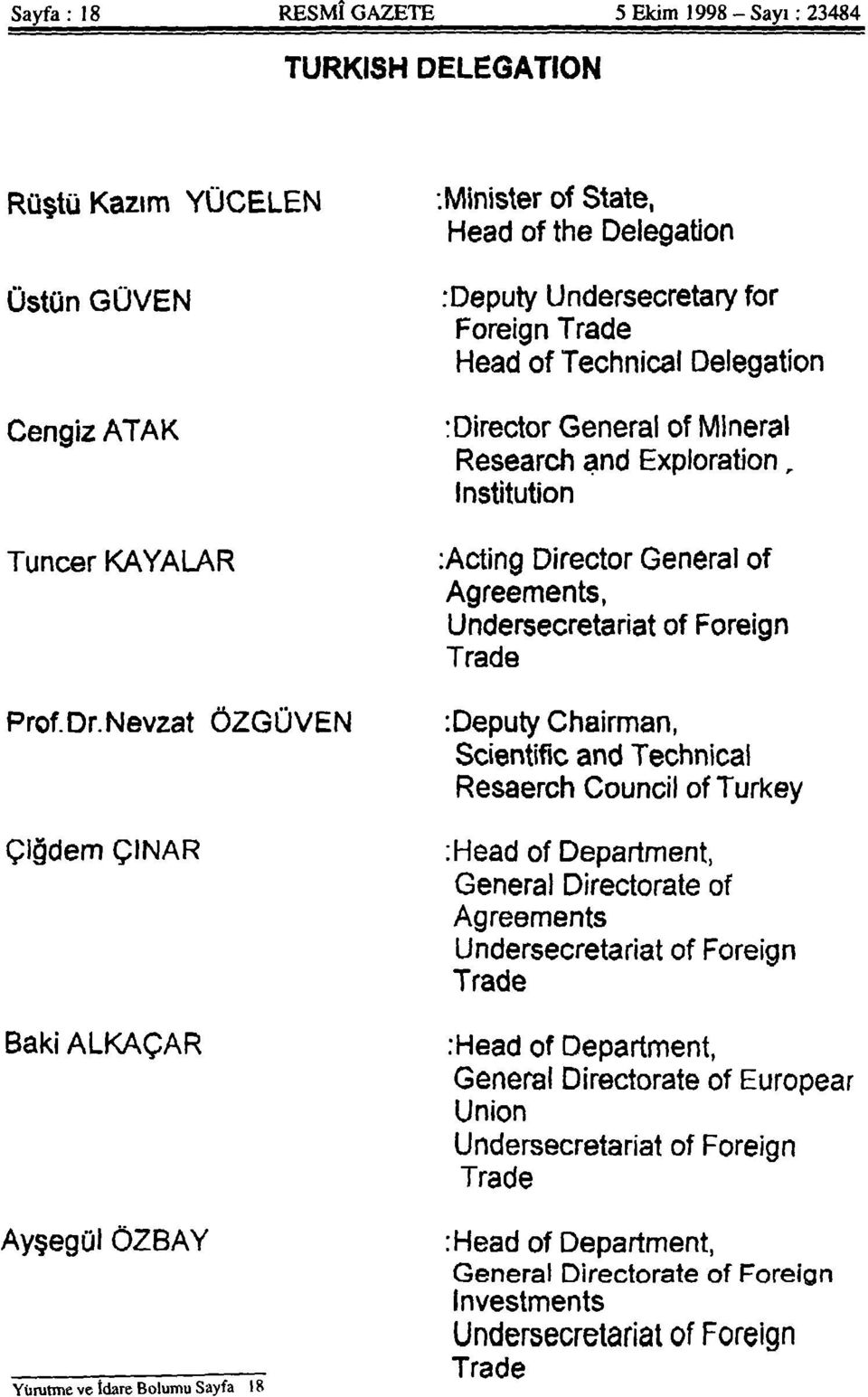 'Deputy Undersecretary for Foreign Trade Head of Technical Delegation :Director General of Mineral Research and Exploration, Institution :Acting Director General of Agreements, Undersecretariat of