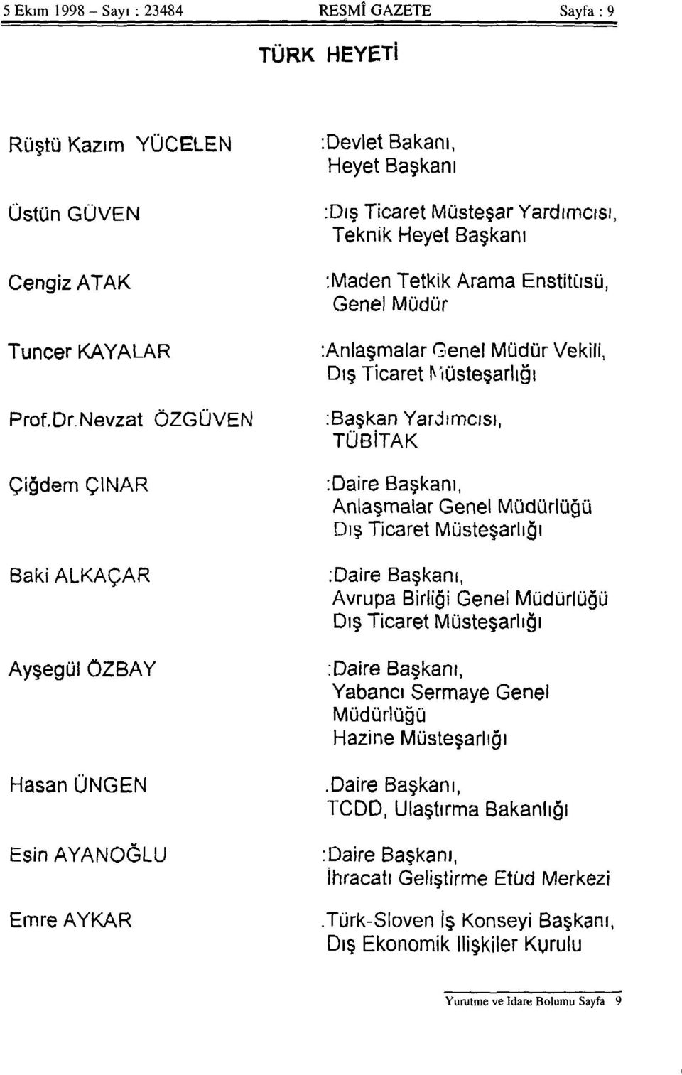 Maden Tetkik Arama Enstitüsü, Genel Müdür :Anlaşmalar Genel Müdür Vekili, Dış Ticaret Müsteşarlığı :Başkan Yardımcısı, TÜBİTAK :Daire Başkanı, Anlaşmalar Genel Müdürlüğü Dış Ticaret Müsteşarlığı