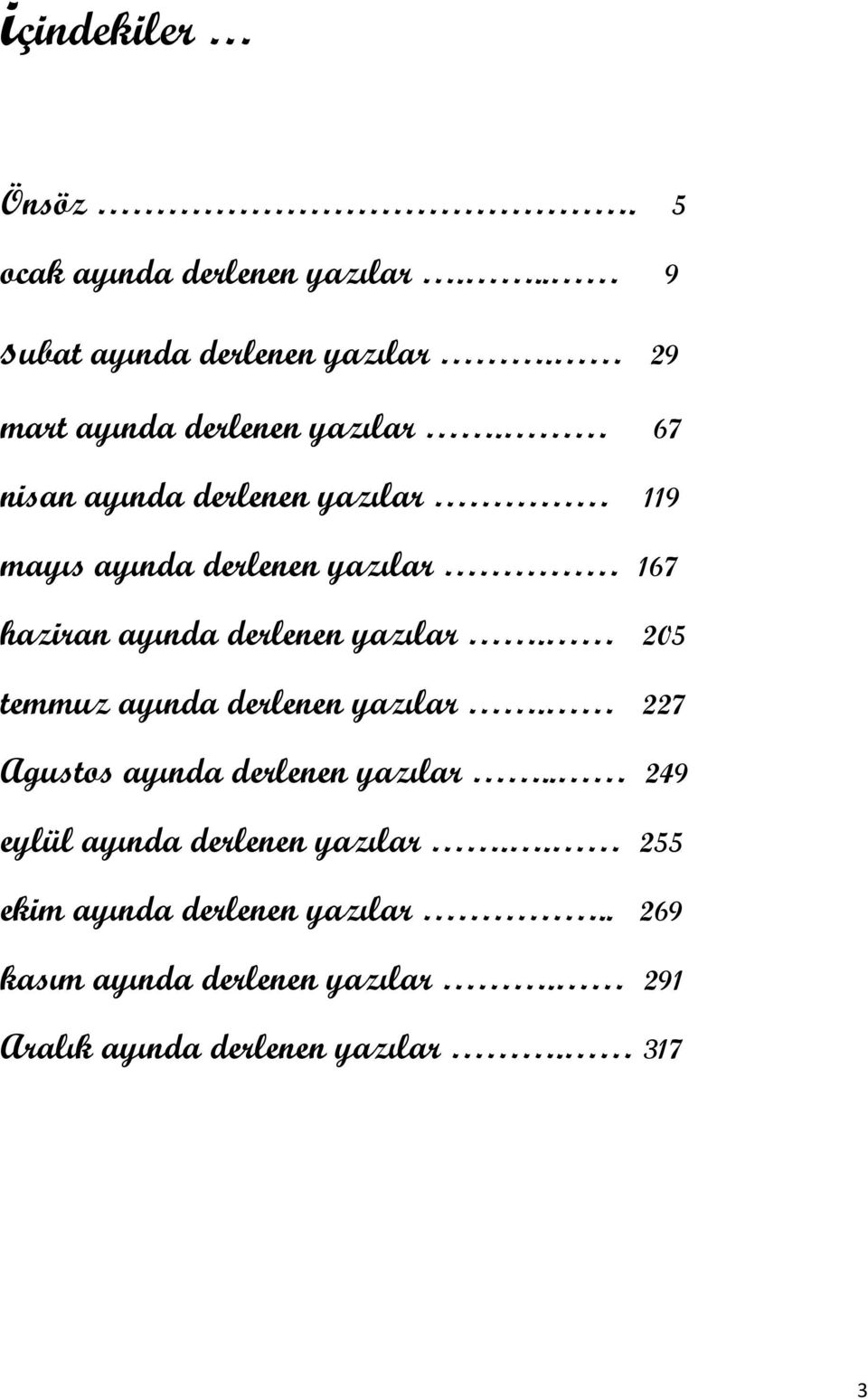 67 nisan ayında derlenen yazılar 119 mayıs ayında derlenen yazılar 167 haziran ayında derlenen yazılar.