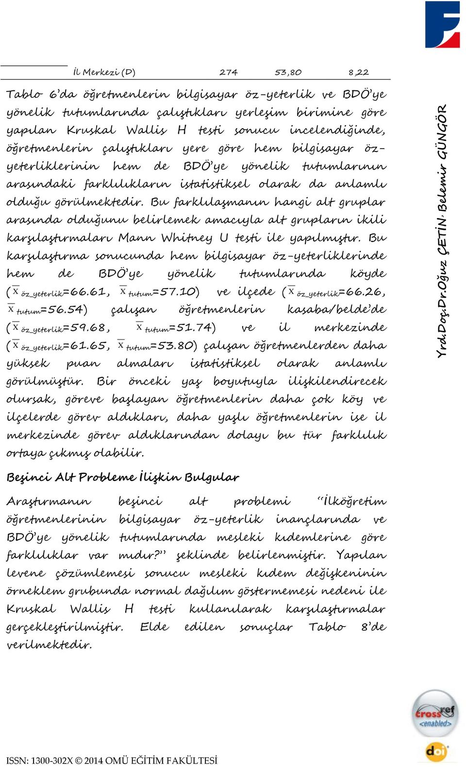 testi sonucu incelendiğinde, öğretmenlerin çalıştıkları yere göre hem bilgisayar özyeterliklerinin hem de BDÖ ye yönelik tutumlarının arasındaki farklılıkların istatistiksel olarak da anlamlı olduğu