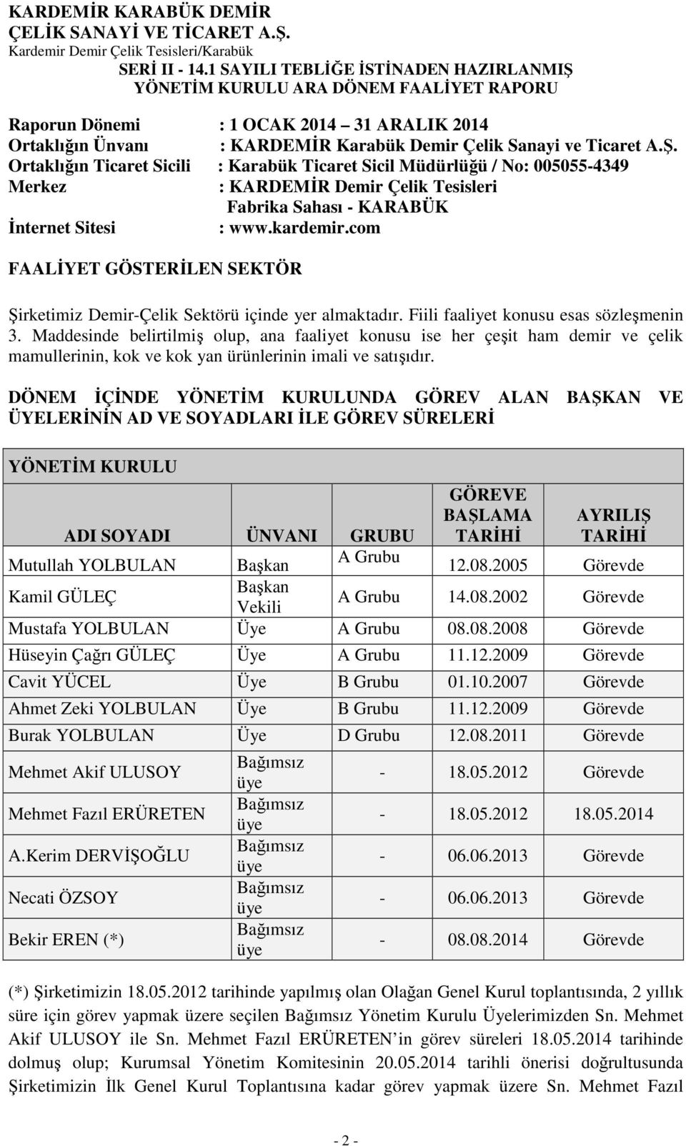 com FAALİYET GÖSTERİLEN SEKTÖR Şirketimiz Demir-Çelik Sektörü içinde yer almaktadır. Fiili faaliyet konusu esas sözleşmenin 3.