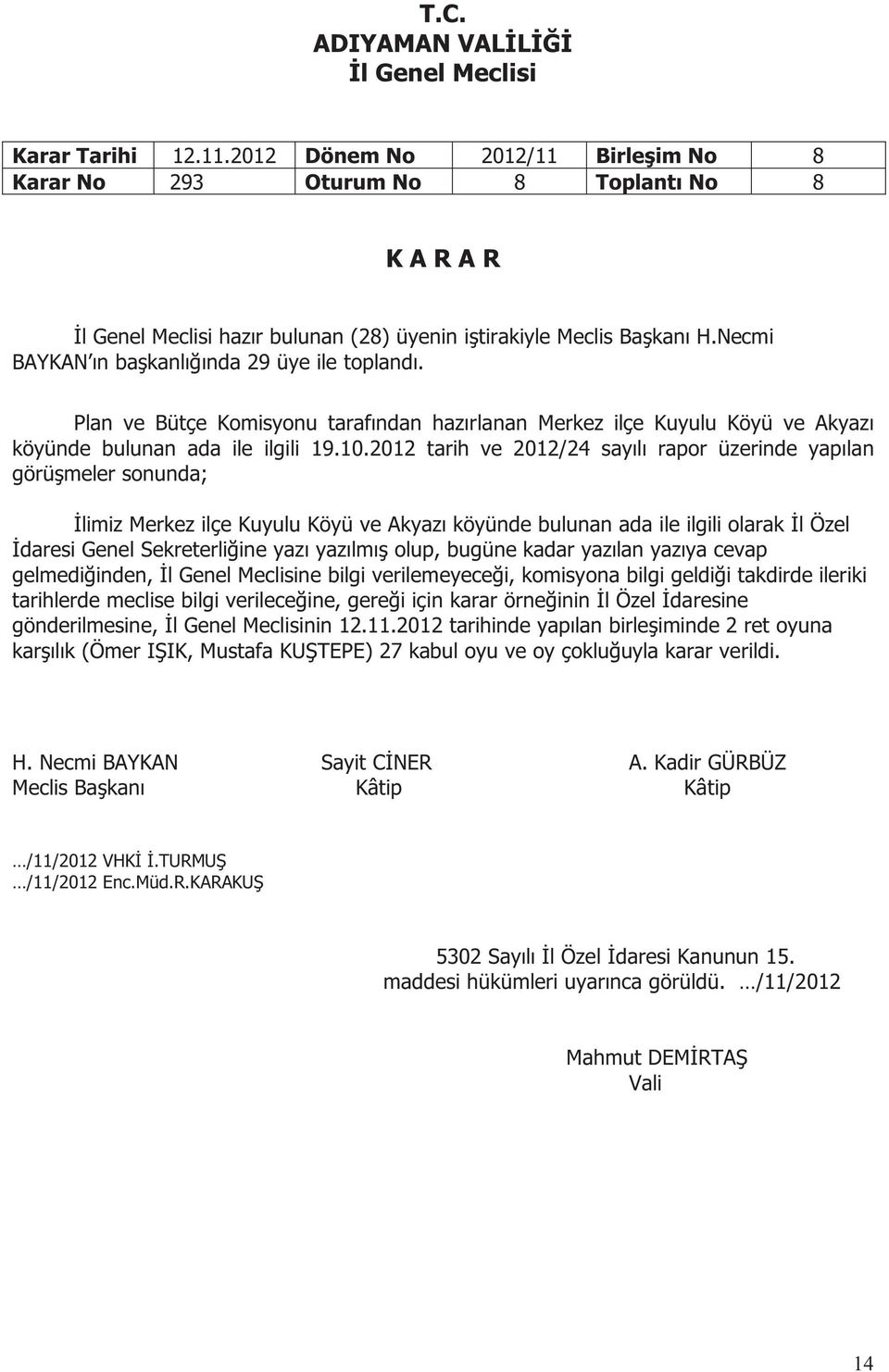 2012 tarih ve 2012/24 sayılı rapor üzerinde yapılan görüşmeler sonunda; İlimiz Merkez ilçe Kuyulu Köyü ve Akyazı köyünde bulunan ada ile ilgili olarak İl Özel İdaresi Genel Sekreterliğine yazı