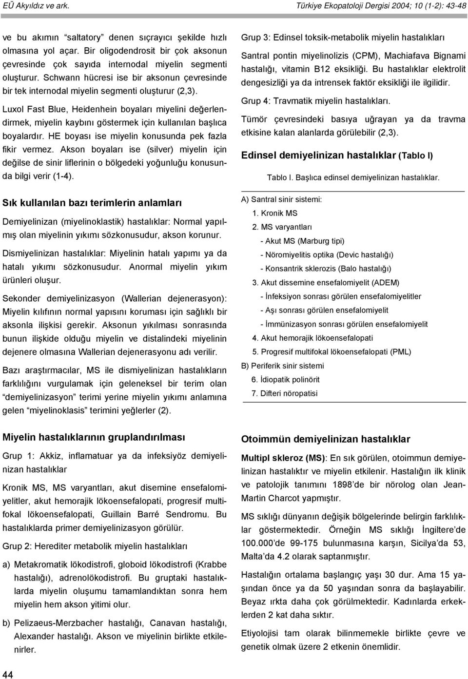 Luxol Fast Blue, Heidenhein boyaları miyelini değerlendirmek, miyelin kaybını göstermek için kullanılan başlıca boyalardır. HE boyası ise miyelin konusunda pek fazla fikir vermez.