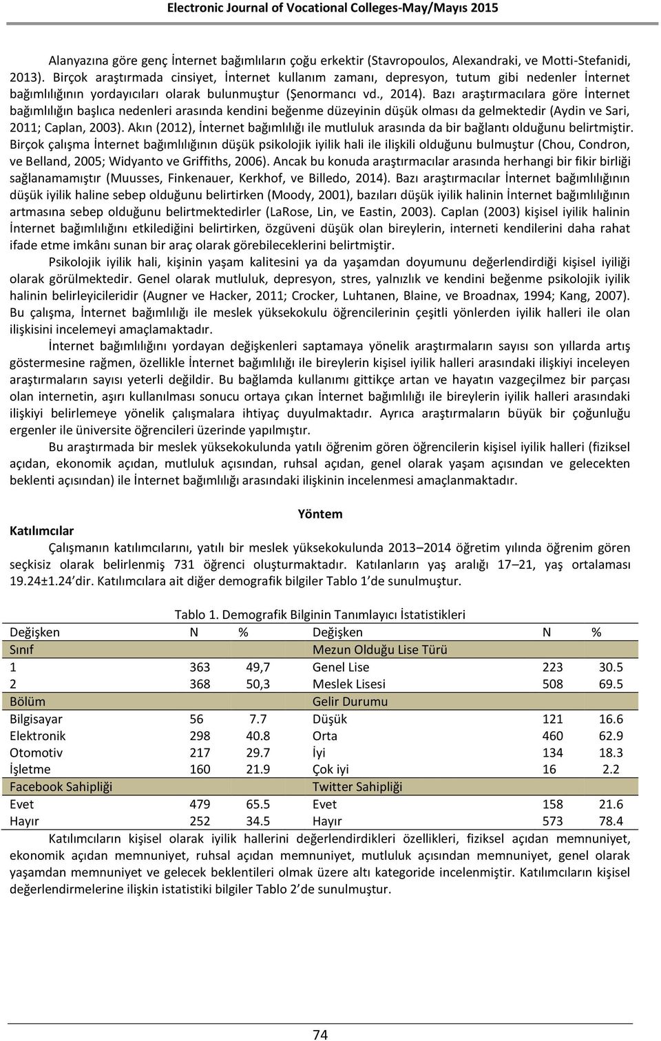 Bazı araştırmacılara göre İnternet bağımlılığın başlıca nedenleri arasında kendini beğenme düzeyinin düşük olması da gelmektedir (Aydin ve Sari, 011; Caplan, 003).