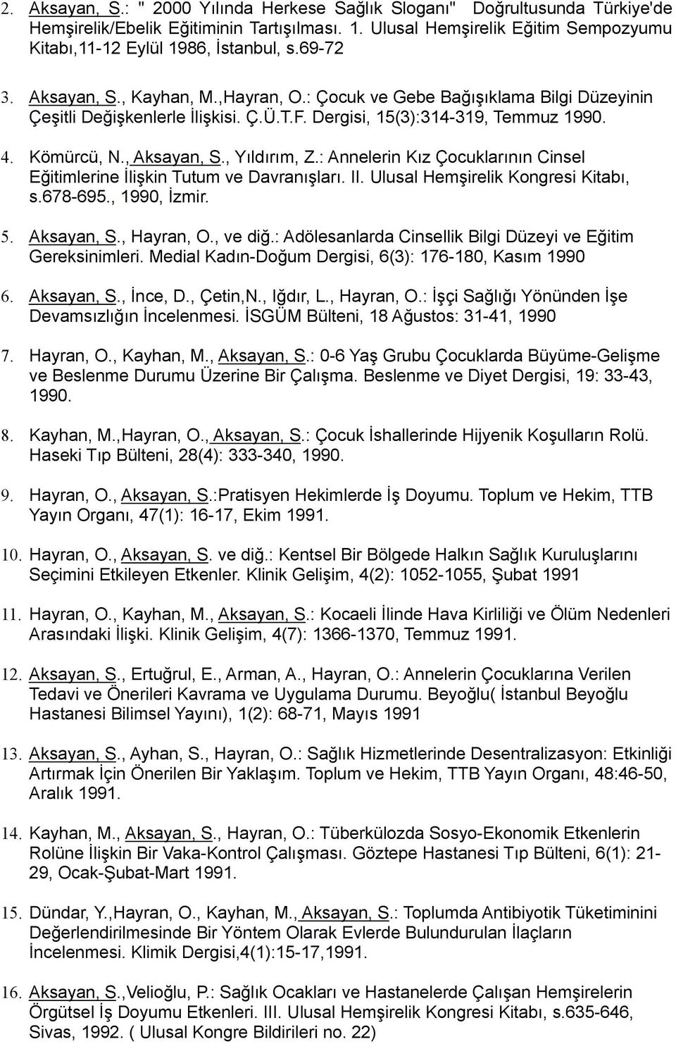 , Yıldırım, Z.: Annelerin Kız Çocuklarının Cinsel Eğitimlerine İlişkin Tutum ve Davranışları. II. Ulusal Hemşirelik Kongresi Kitabı, s.678-695., 1990, İzmir. 5. Aksayan, S., Hayran, O., ve diğ.