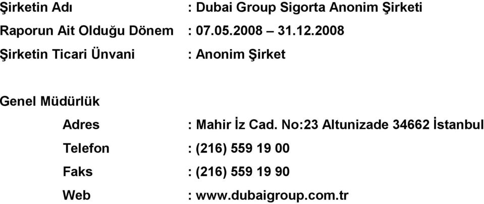 2008 ġirketin Ticari Ünvani : Anonim ġirket Genel Müdürlük Adres :