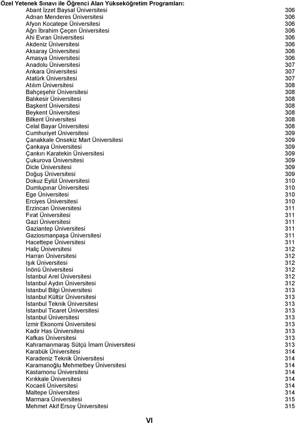 Bahçeşehir Üniversitesi 308 Balıkesir Üniversitesi 308 Başkent Üniversitesi 308 Beykent Üniversitesi 308 Bilkent Üniversitesi 308 Celal Bayar Üniversitesi 308 Cumhuriyet Üniversitesi 309 Çanakkale