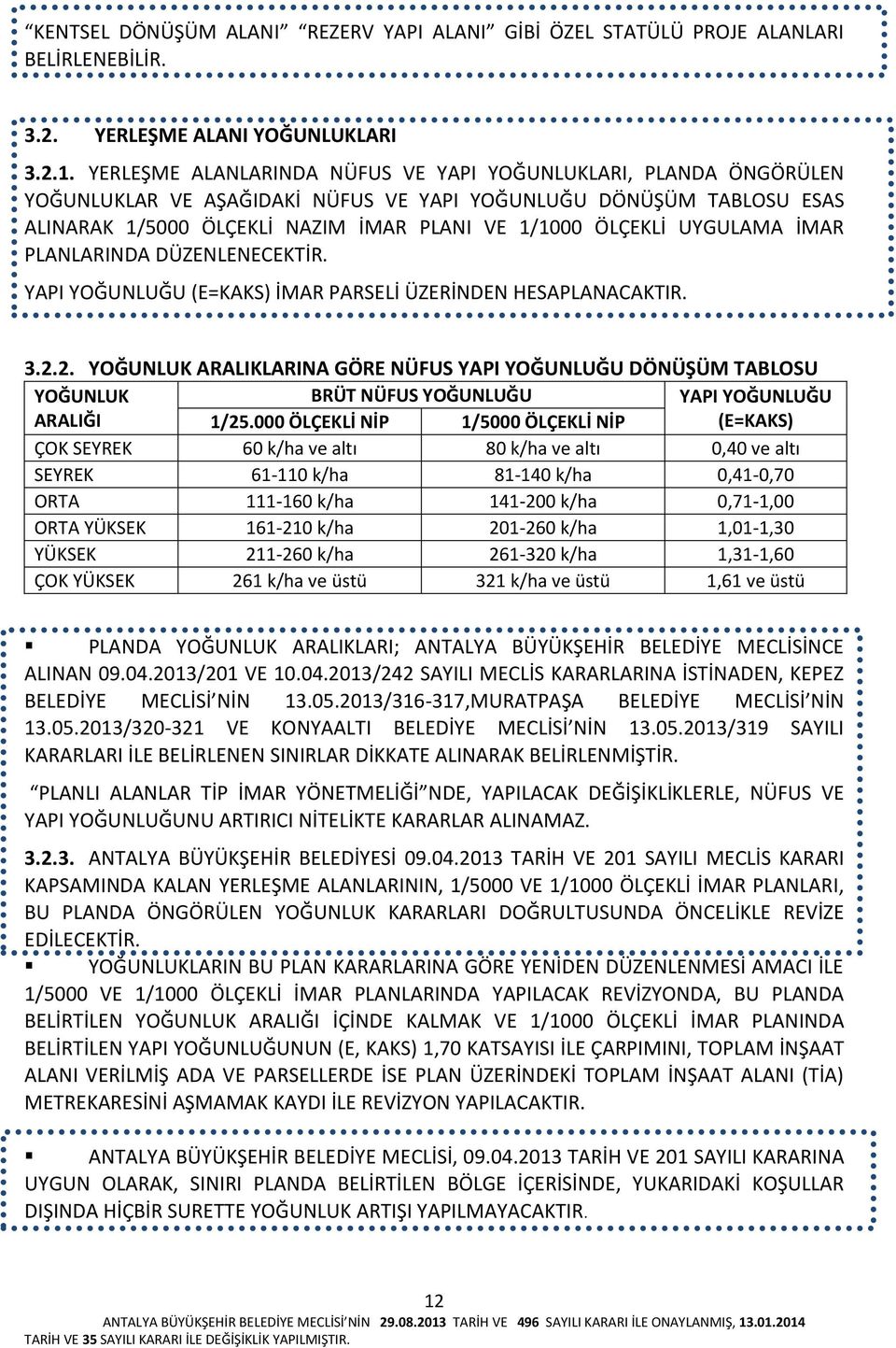 UYGULAMA İMAR PLANLARINDA DÜZENLENECEKTİR. YAPI YOĞUNLUĞU (E=KAKS) İMAR PARSELİ ÜZERİNDEN HESAPLANACAKTIR. 3.2.