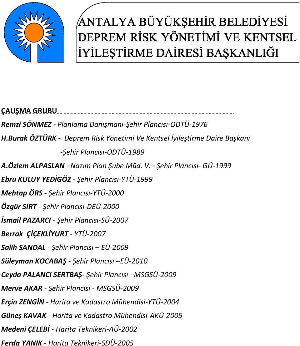 Şehir Plancısı- GÜ-1999 Ebru KULUY YEDİGÖZ - Şehir Plancısı-YTÜ-1999 Mehtap ÖRS - Şehir Plancısı-YTÜ-2000 Özgür SIRT - Şehir Plancısı-DEÜ-2000 İsmail PAZARCI - Şehir Plancısı-SÜ-2007 Berrak