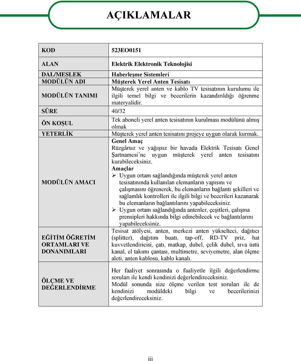 SÜRE 40/32 ÖN KOġUL Tek aboneli yerel anten tesisatının kurulması modülünü almıģ olmak YETERLĠK MüĢterek yerel anten tesisatını projeye uygun olarak kurmak.