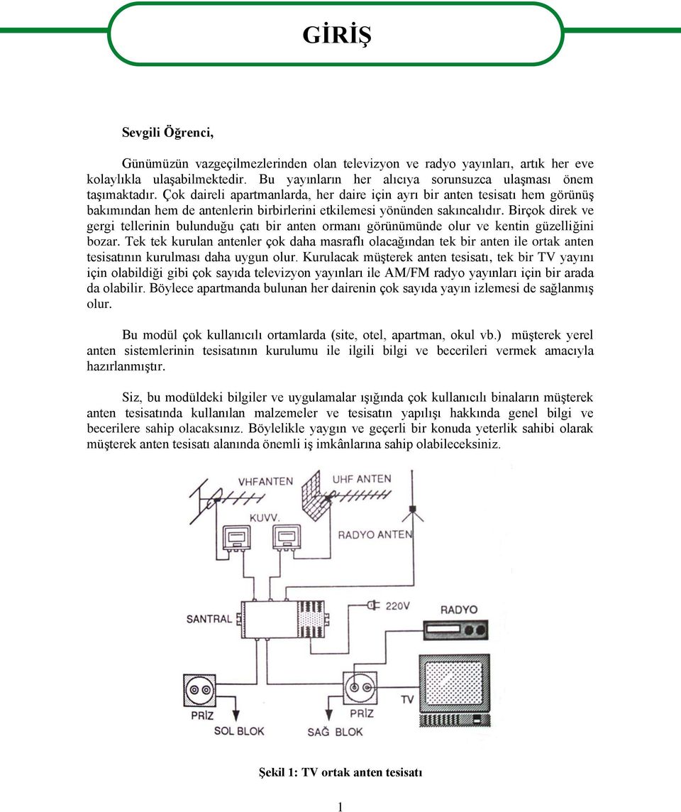 Çok daireli apartmanlarda, her daire için ayrı bir anten tesisatı hem görünüģ bakımından hem de antenlerin birbirlerini etkilemesi yönünden sakıncalıdır.