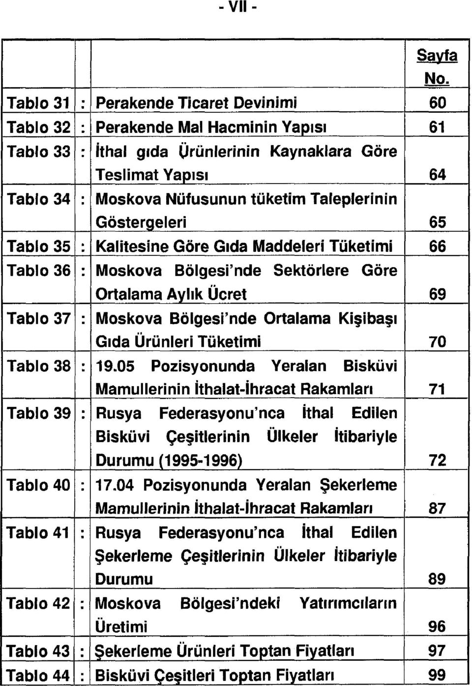Bölgesi'nde Sektörlere Göre Ortalama Aylık Ücret 69 Tablo 37 Moskova Bölgesi'nde Ortalama Kişibaşı Gıda Ürünleri Tüketimi 70 Tablo 38 19.