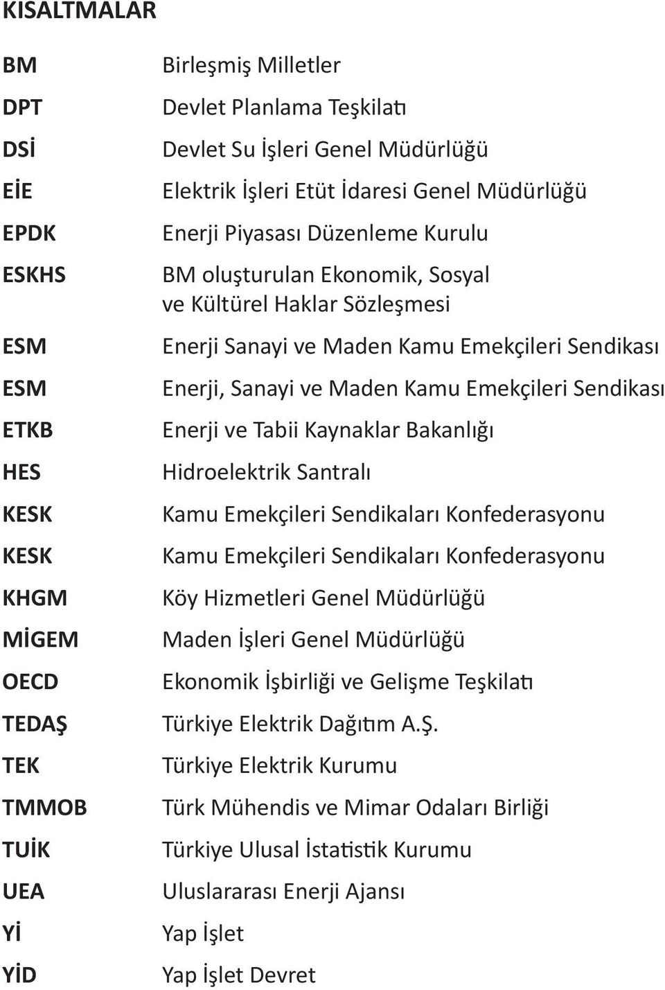 Maden Kamu Emekçileri Sendikası Enerji ve Tabii Kaynaklar Bakanlığı Hidroelektrik Santralı Kamu Emekçileri Sendikaları Konfederasyonu Kamu Emekçileri Sendikaları Konfederasyonu Köy Hizmetleri Genel