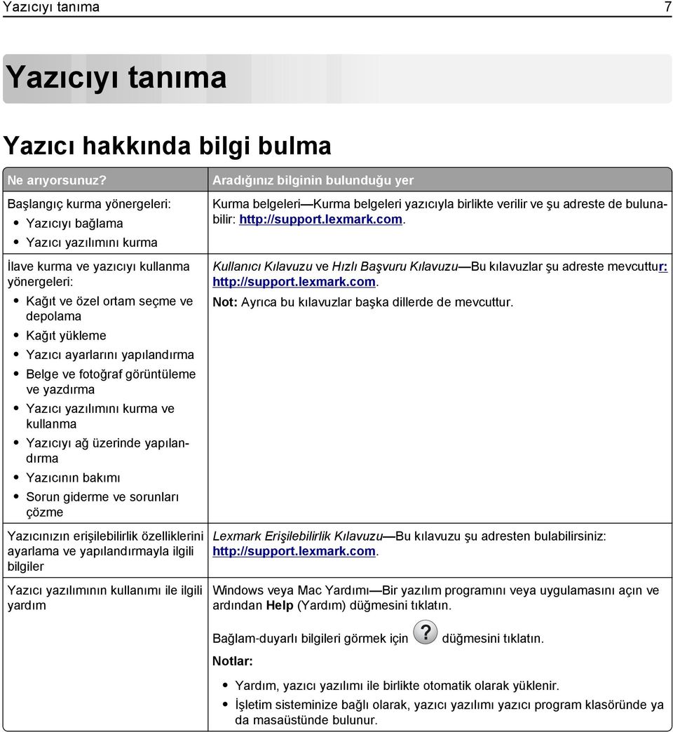 Belge ve fotoğraf görüntüleme ve yazdırma Yazıcı yazılımını kurma ve kullanma Yazıcıyı ağ üzerinde yapılandırma Yazıcının bakımı Sorun giderme ve sorunları çözme Yazıcınızın erişilebilirlik