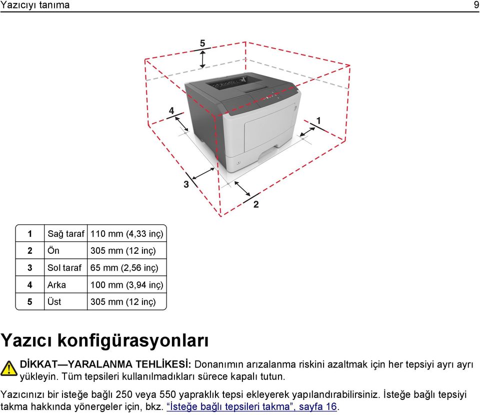 ayrı yükleyin. Tüm tepsileri kullanılmadıkları sürece kapalı tutun.