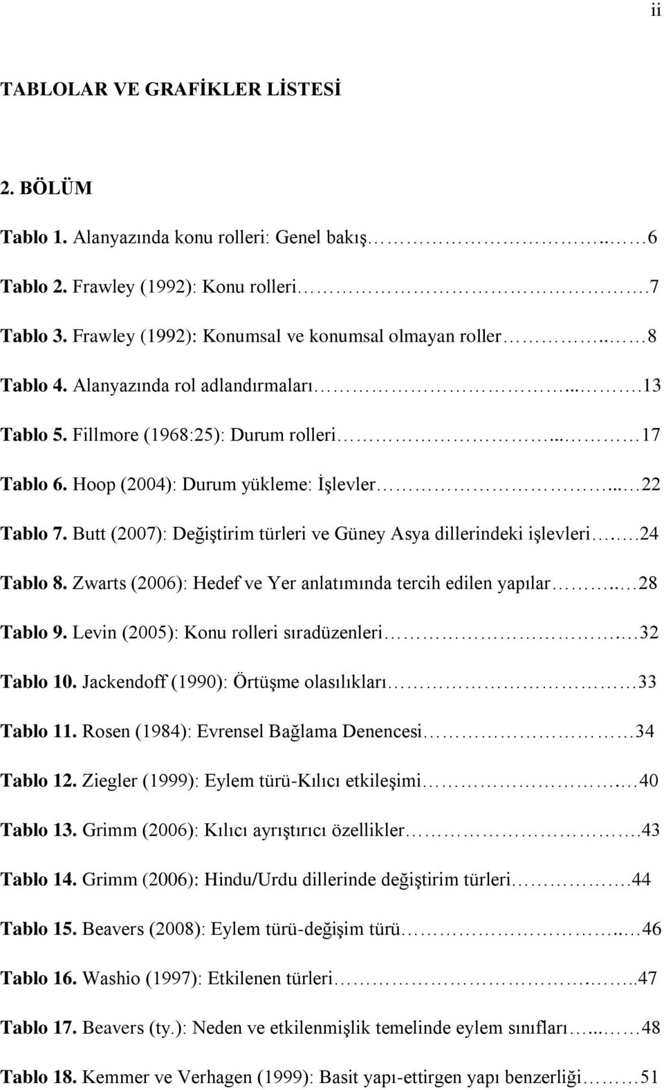 Butt (2007): Değiştirim türleri ve Güney Asya dillerindeki işlevleri..24 Tablo 8. Zwarts (2006): Hedef ve Yer anlatımında tercih edilen yapılar.. 28 Tablo 9. Levin (2005): Konu rolleri sıradüzenleri.