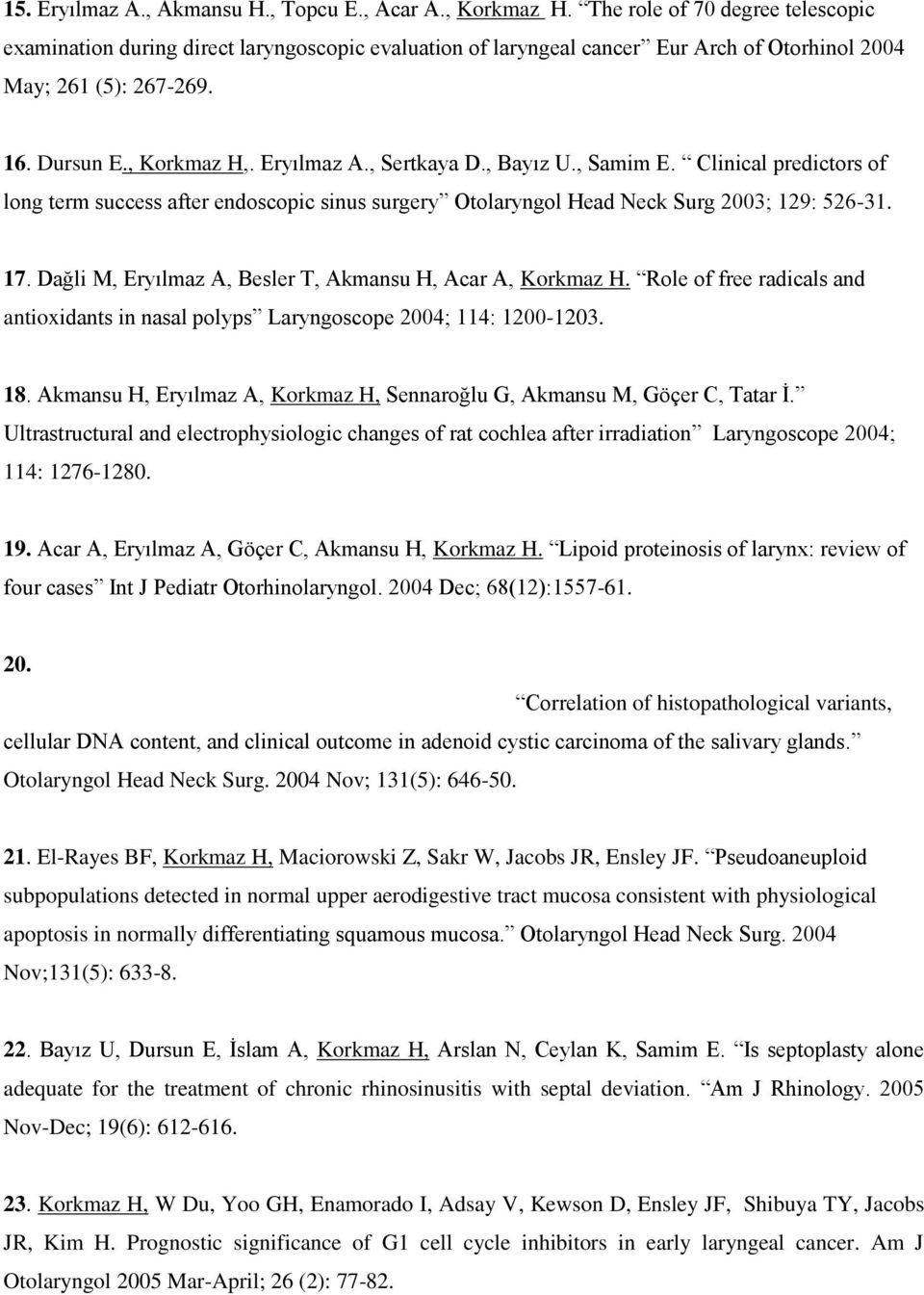 , Sertkaya D., Bayız U., Samim E. Clinical predictors of long term success after endoscopic sinus surgery Otolaryngol Head Neck Surg 2003; 129: 526-31. 17.