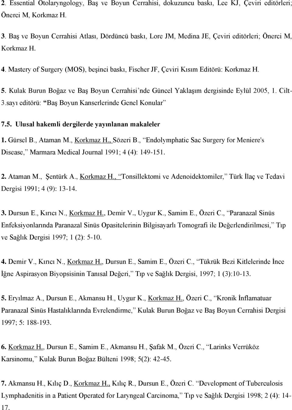 Kulak Burun Boğaz ve Baş Boyun Cerrahisi nde Güncel Yaklaşım dergisinde Eylül 2005, 1. Cilt- 3.sayı editörü: Baş Boyun Kanserlerinde Genel Konular 7.5. Ulusal hakemli dergilerde yayınlanan makaleler 1.