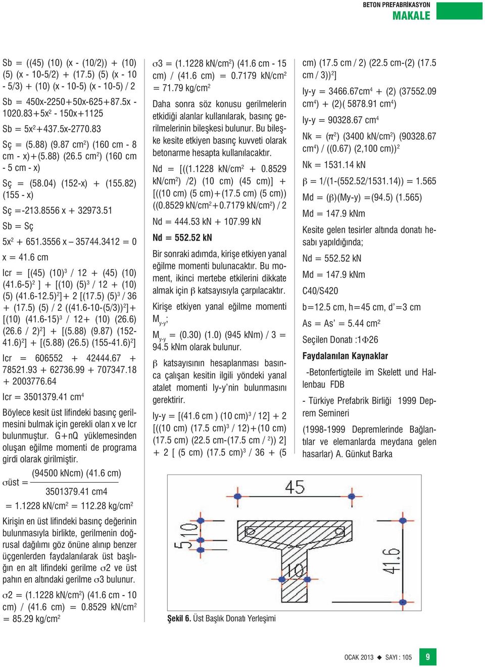 6 cm Icr = [(45) (10) 3 / 12 + (45) (10) (41.6-5) 2 ] + [(10) (5) 3 / 12 + (10) (5) (41.6-12.5) 2 ]+ 2 [(17.5) (5) 3 / 36 + (17.5) (5) / 2 ((41.6-10-(5/3)) 2 ]+ [(10) (41.6-15) 3 / 12+ (10) (26.