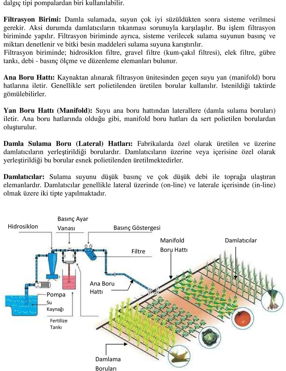 Filtrasyon biriminde; hidrosiklon filtre, gravel filtre (kum-çakıl filtresi), elek filtre, gübre tankı, debi - basınç ölçme ve düzenleme elemanları bulunur.