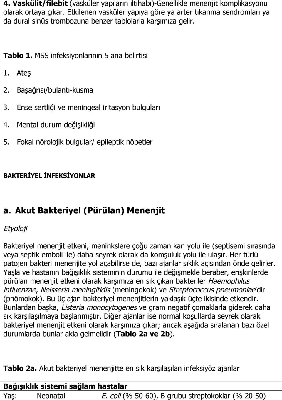 Başağrısı/bulantı-kusma 3. Ense sertliği ve meningeal iritasyon bulguları 4. Mental durum değişikliği 5. Fokal nörolojik bulgular/ epileptik nöbetler BAKTERİYEL İNFEKSİYONLAR a.