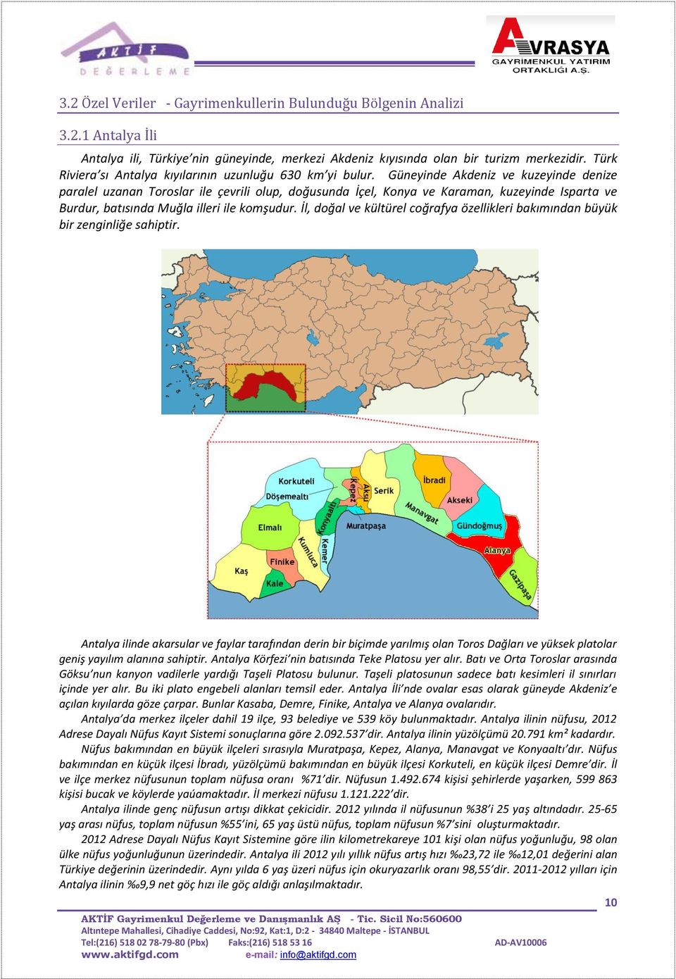 Güneyinde Akdeniz ve kuzeyinde denize paralel uzanan Toroslar ile çevrili olup, doğusunda İçel, Konya ve Karaman, kuzeyinde Isparta ve Burdur, batısında Muğla illeri ile komşudur.