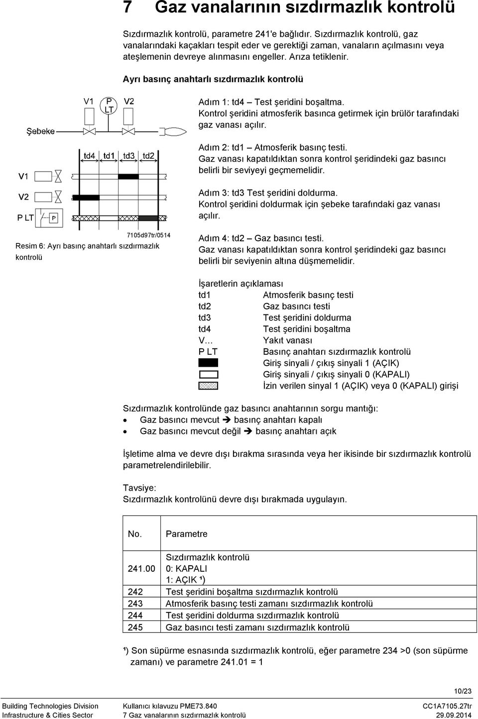 Ayrı basınç anahtarlı sızdırmazlık kontrolü P LT Adım 1: td4 Test şeridini boşaltma. Kontrol şeridini atmosferik basınca getirmek için brülör tarafındaki gaz vanası açılır.