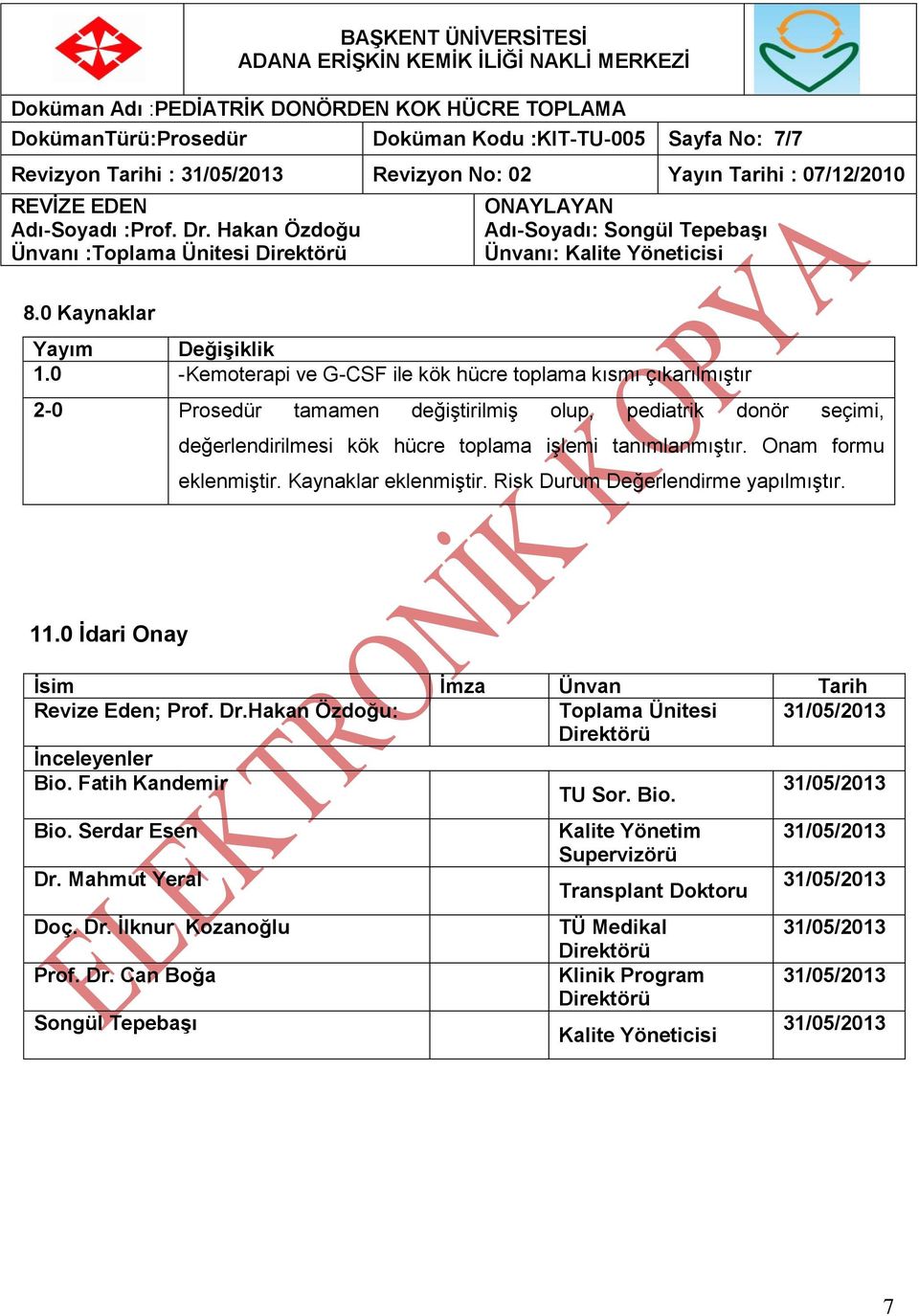 tanımlanmıştır. Onam formu eklenmiştir. Kaynaklar eklenmiştir. Risk Durum Değerlendirme yapılmıştır. 11.0 İdari Onay İsim İmza Ünvan Tarih Revize Eden; Prof. Dr.