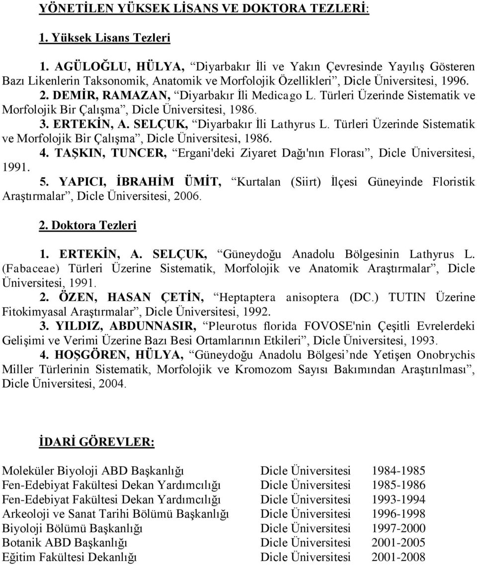 DEMİR, RAMAZAN, Diyarbakır İli Medicago L. Türleri Üzerinde Sistematik ve Morfolojik Bir Çalışma, Dicle Üniversitesi, 1986. 3. ERTEKİN, A. SELÇUK, Diyarbakır İli Lathyrus L.