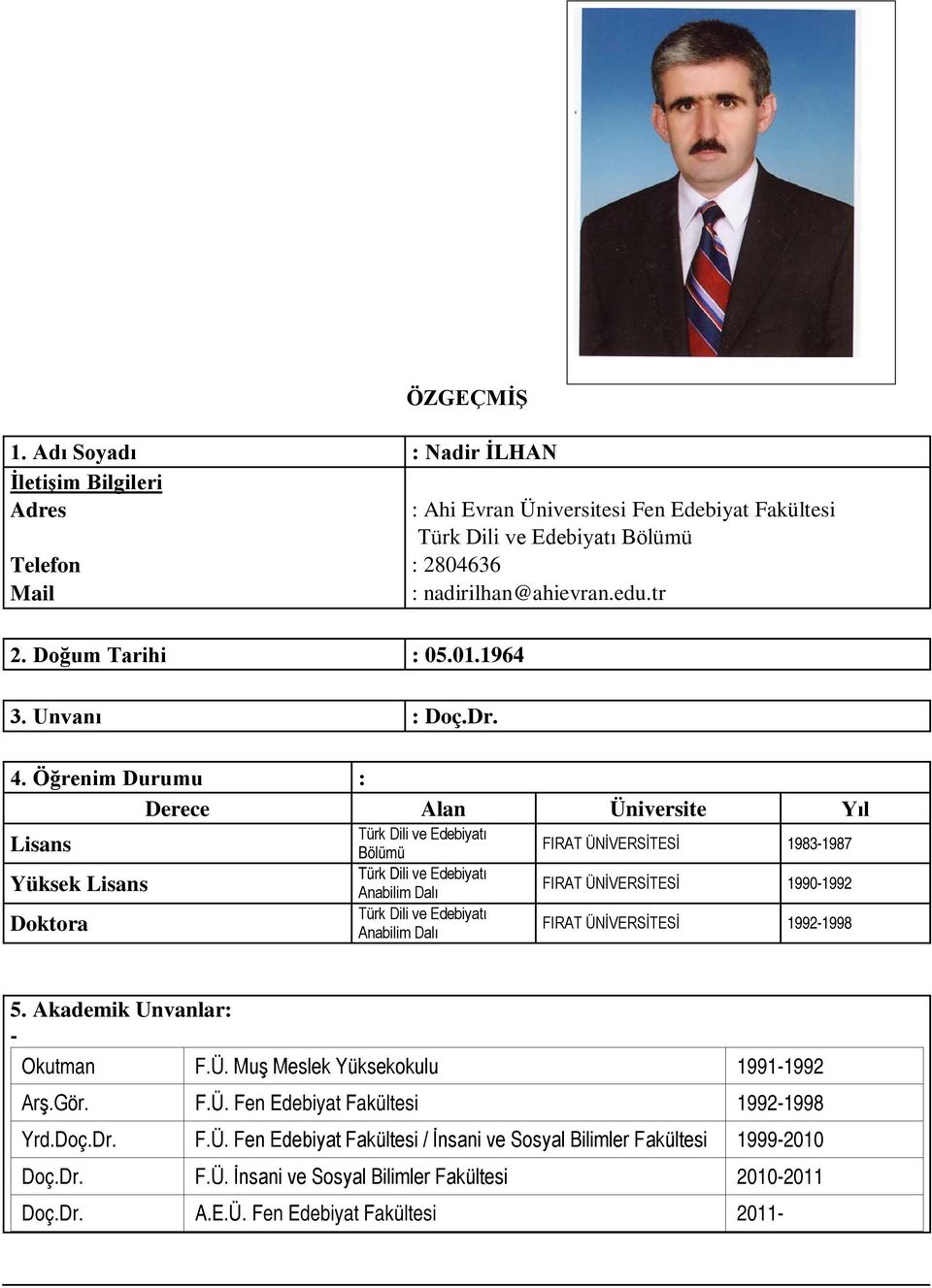 Öğrenim Durumu : Derece Alan Üniversite Yıl Lisans Yüksek Lisans Doktora Türk Dili ve Edebiyatı Bölümü Türk Dili ve Edebiyatı Anabilim Dalı Türk Dili ve Edebiyatı Anabilim Dalı FIRAT ÜNİVERSİTESİ