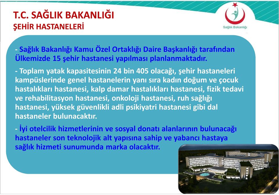 hastalıkları hastanesi, fizik tedavi ve rehabilitasyon hastanesi, onkoloji hastanesi, ruh sağlığı hastanesi, yüksek güvenlikli adli psikiyatri hastanesi gibi dal hastaneler