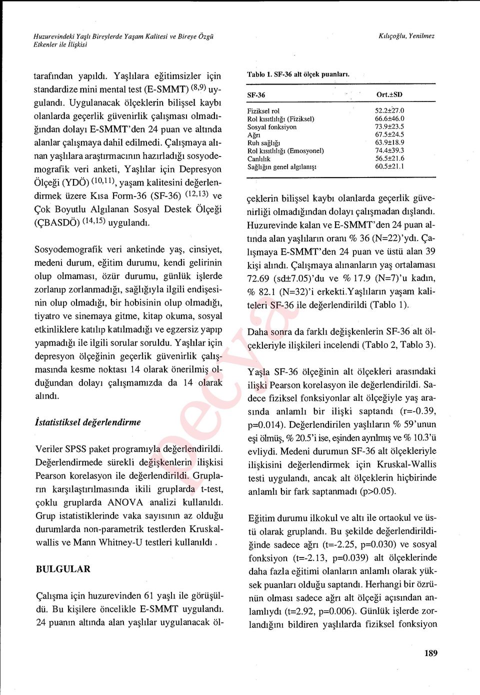 Çal ışmaya al ı- nan ya şlılara ara ştırmac ının haz ırladığı sosyodemografik veri anketi, Ya şlılar için Depresyon Ölçeği (YDÖ) (10,11) ya şam kalitesini de ğerlendirmek üzere K ısa Form-36 (SF-36)