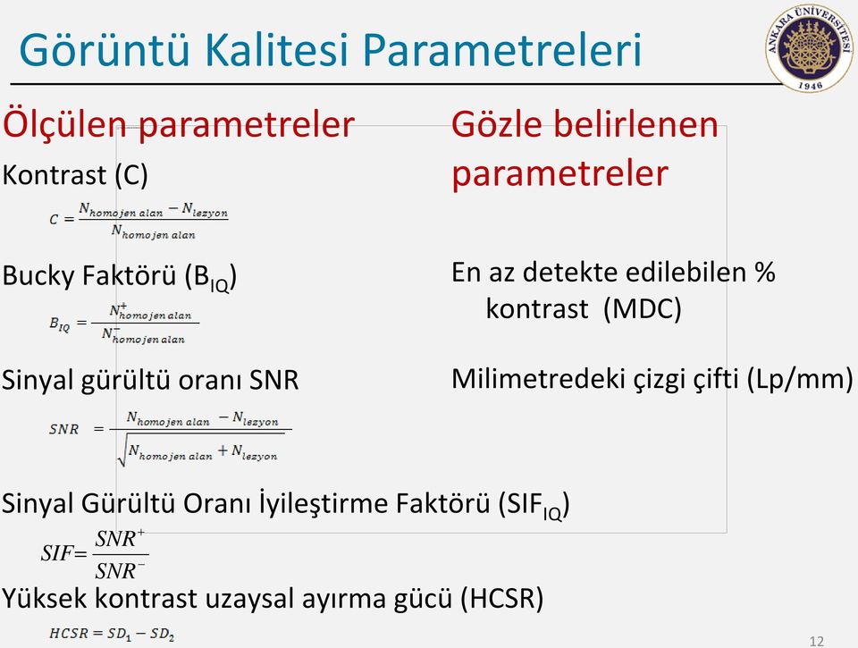 parametreler Bucky Faktörü (B IQ ) En az detekte edilebilen % kontrast (MDC) Sinyal