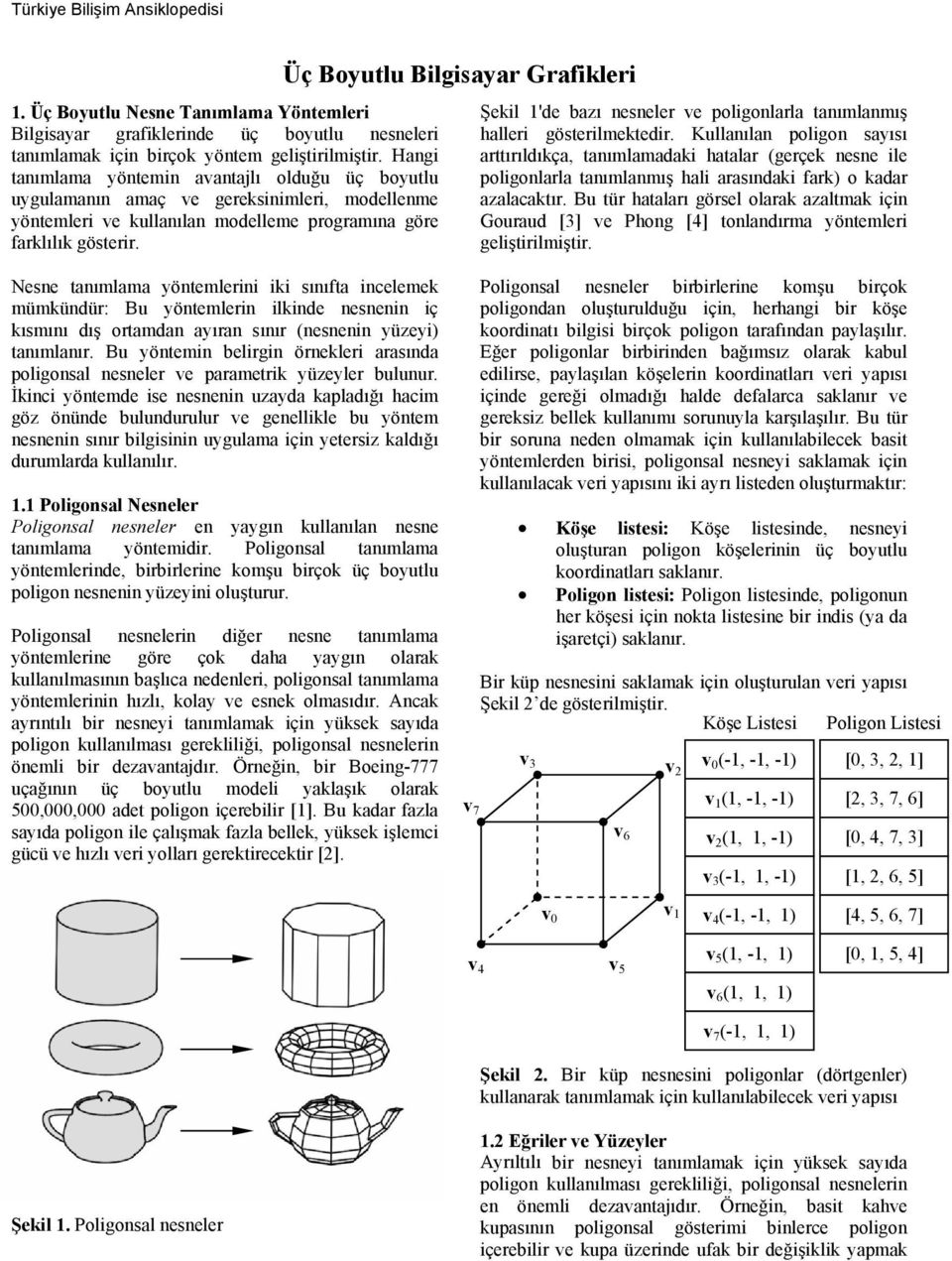 Üç Boyutlu Bilgisayar Grafikleri Şekil 1'de bazı eseler ve poligolarla taımlamış halleri gösterilmektedir.