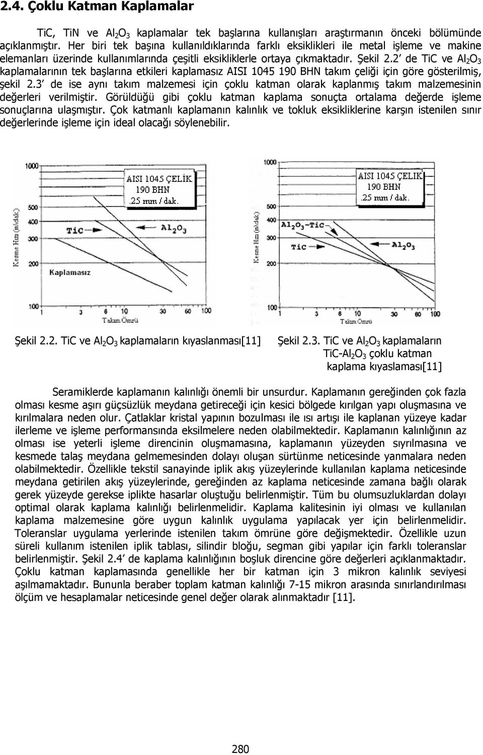 2 de TiC ve Al 2 O 3 kaplamalarının tek başlarına etkileri kaplamasız AISI 1045 190 BHN takım çeliği için göre gösterilmiş, şekil 2.