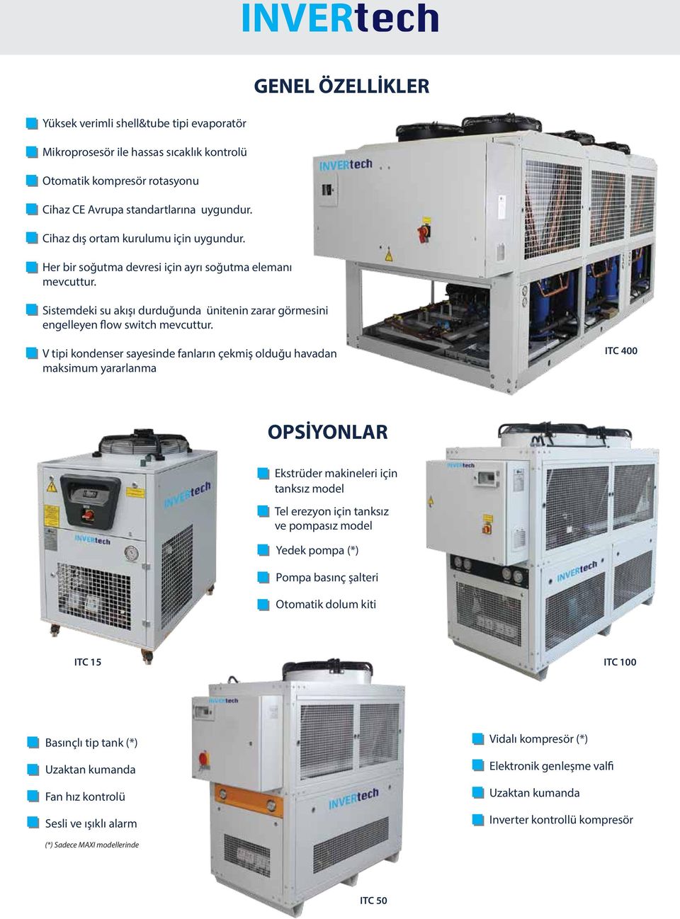 GENEL ÖZELLİKLER V tipi kondenser sayesinde fanların çekmiş olduğu havadan maksimum yararlanma ITC 400 OPSİYONLAR Ekstrüder makineleri için tanksız model Tel erezyon için tanksız ve pompasız model