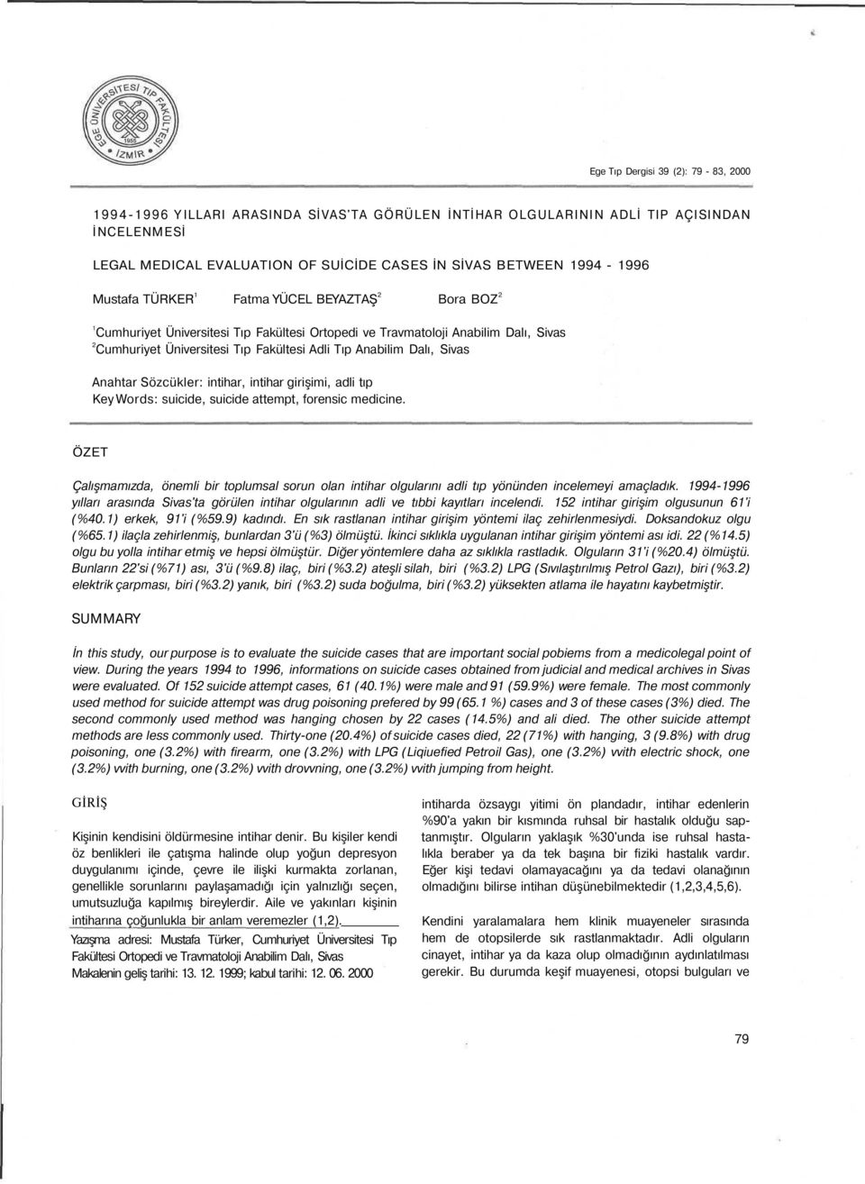 Sivas 1 2 Anahtar Sözcükler: intihar, intihar girişimi, adli tıp Key Words: suicide, suicide attempt, forensic medicine.