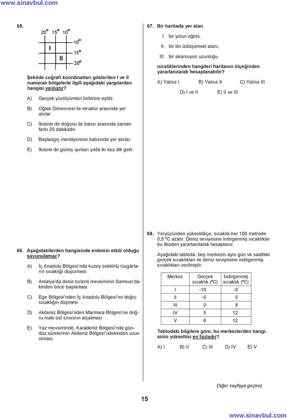 E) İkisine de güneş õşõnlarõ yõlda iki kez dik gelir. 67. Bir haritada yer alan I. bir yolun eğimi, II. bir ilin izdüşümsel alanõ, III.