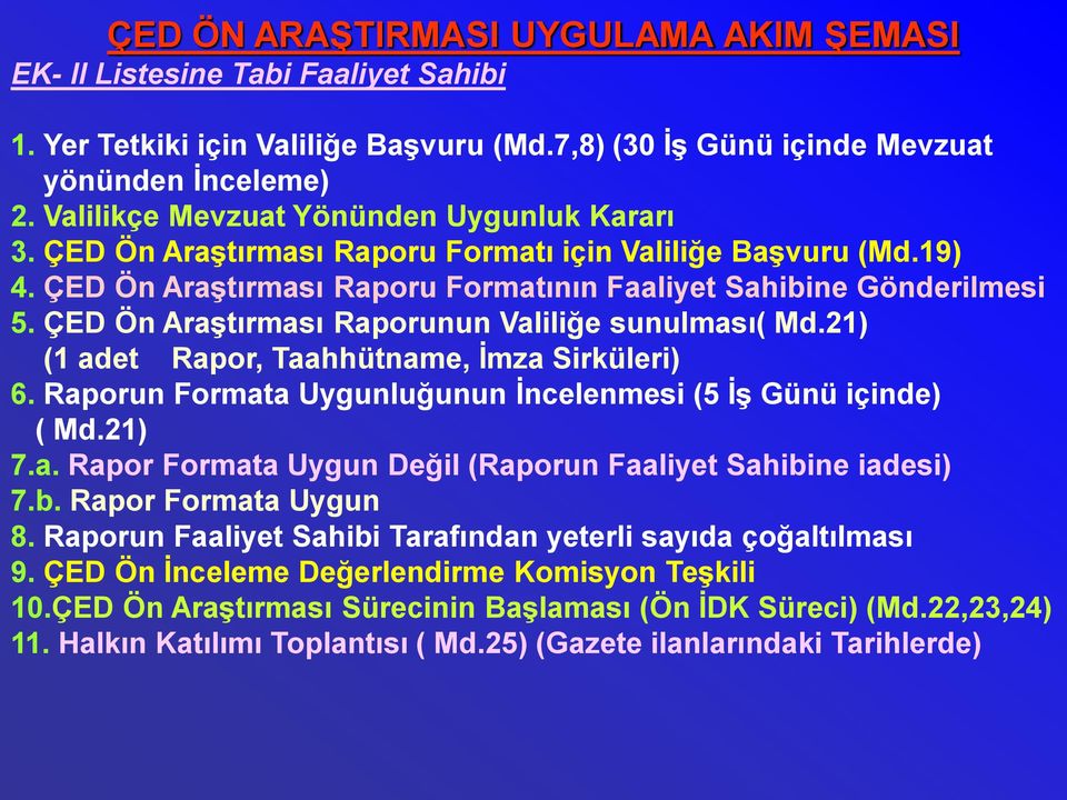 ÇED Ön AraĢtırması Raporunun Valiliğe sunulması( Md.21) (1 adet Rapor, Taahhütname, Ġmza Sirküleri) 6. Raporun Formata Uygunluğunun Ġncelenmesi (5 ĠĢ Günü içinde) ( Md.21) 7.a. Rapor Formata Uygun Değil (Raporun Faaliyet Sahibine iadesi) 7.