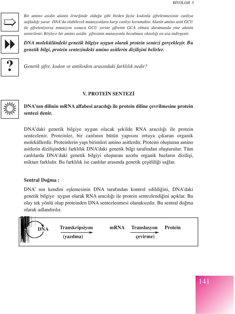 Böylece bir amino asidin flifresinin mutasyonla bozulmas olas l en aza indirgenir. DNA molekülündeki genetik bilgiye uygun olarak protein sentezi gerçekleflir.