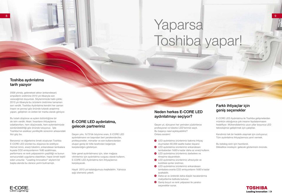 Toshiba Aydınlatma kendini her zaman insanı ve çevreyi göz önünde tutarak araştırma yapan, geliştiren ve üreten bir marka olarak görüyor.