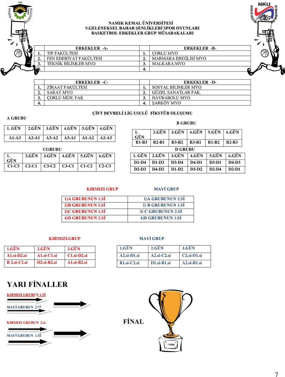 HAYRABOLU MYO 4. 4. ŞARKÖY MYO A1-A3 A2-A1 A3-A2 A3-A1 A1-A2 A2-A3 CGRUBU 1. 2.GÜN 3.GÜN 4.GÜN 5.GÜN 6.