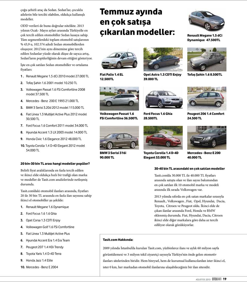 574 adedi Sedan otomobillerden oluşuyor. 2012 nin aynı dönemine göre tercih edilen Sedanlar yüzde olarak düşse de sayıca artış, Sedan ların popülerliğinin devam ettiğini gösteriyor.