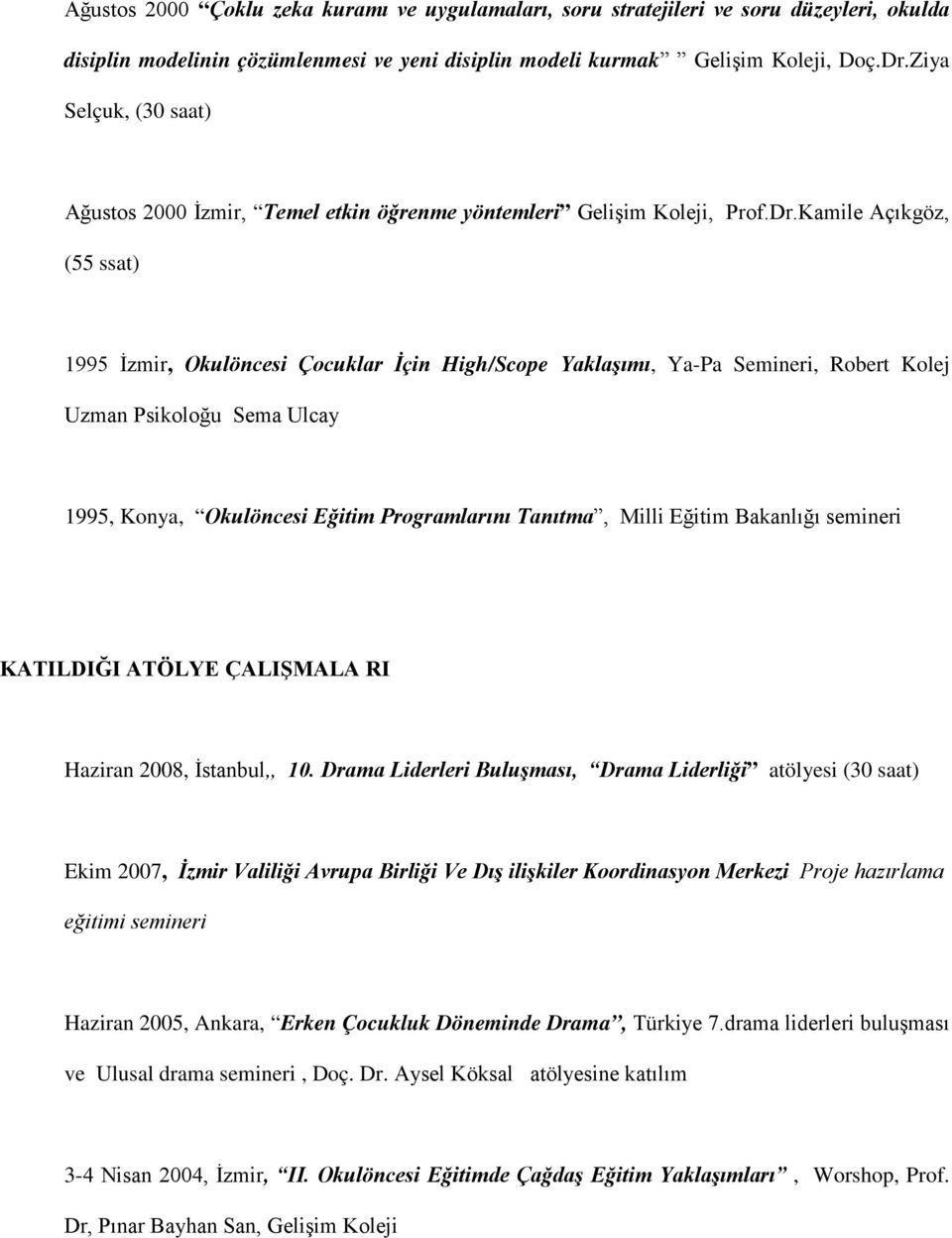 Kamile Açıkgöz, (55 ssat) 1995 İzmir, Okulöncesi Çocuklar İçin High/Scope Yaklaşımı, Ya-Pa Semineri, Robert Kolej Uzman Psikoloğu Sema Ulcay 1995, Konya, Okulöncesi Eğitim Programlarını Tanıtma,