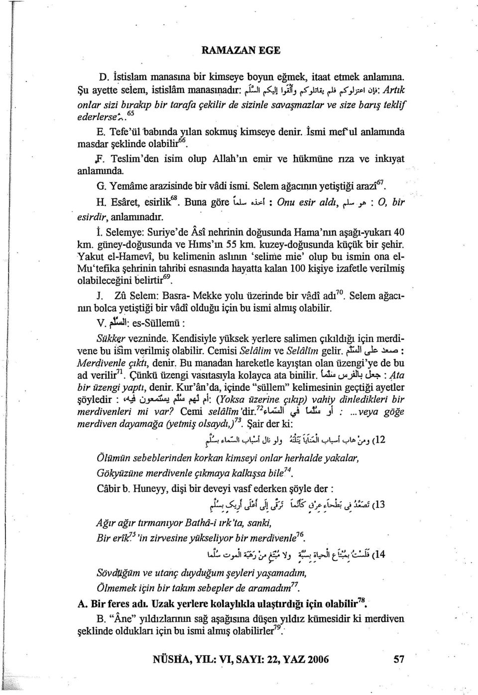 İsmi meful anlamında masdar şeklinde olabilir 66 F. Teslim'den isim olup Allah'ın emir ve hükmüne nza ve inkıyat anlamında G. Yemfune arazisinde bir vadi ismi. Selem ağacının yetiştiği arazi 67. H.