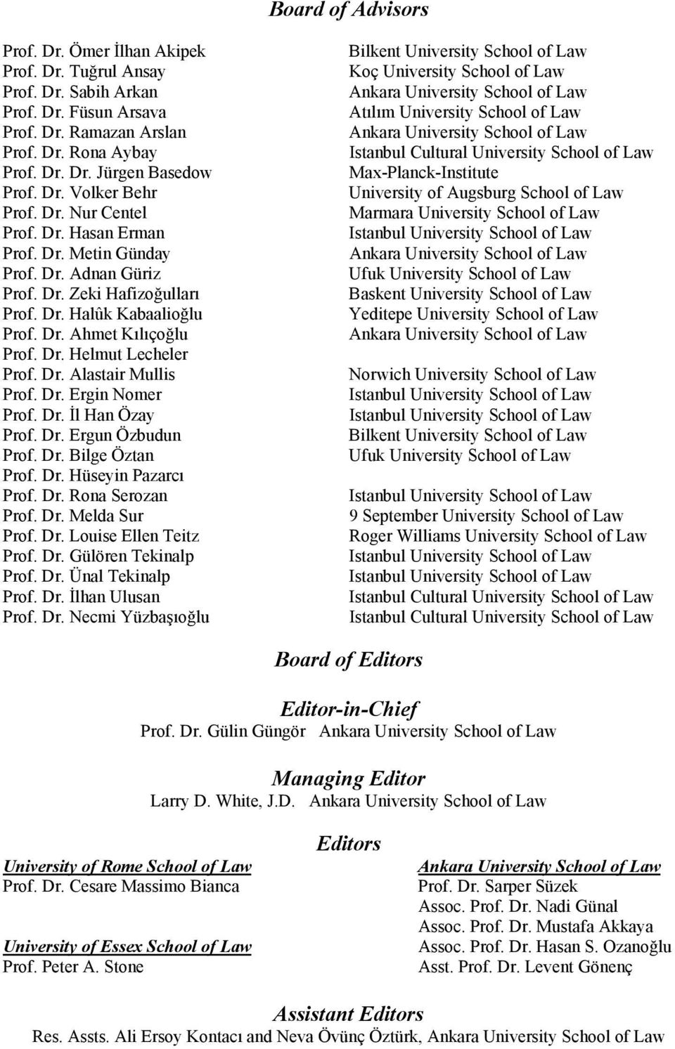 Dr. Ergin Nomer Prof. Dr. İl Han Özay Prof. Dr. Ergun Özbudun Prof. Dr. Bilge Öztan Prof. Dr. Hüseyin Pazarcı Prof. Dr. Rona Serozan Prof. Dr. Melda Sur Prof. Dr. Louise Ellen Teitz Prof. Dr. Gülören Tekinalp Prof.