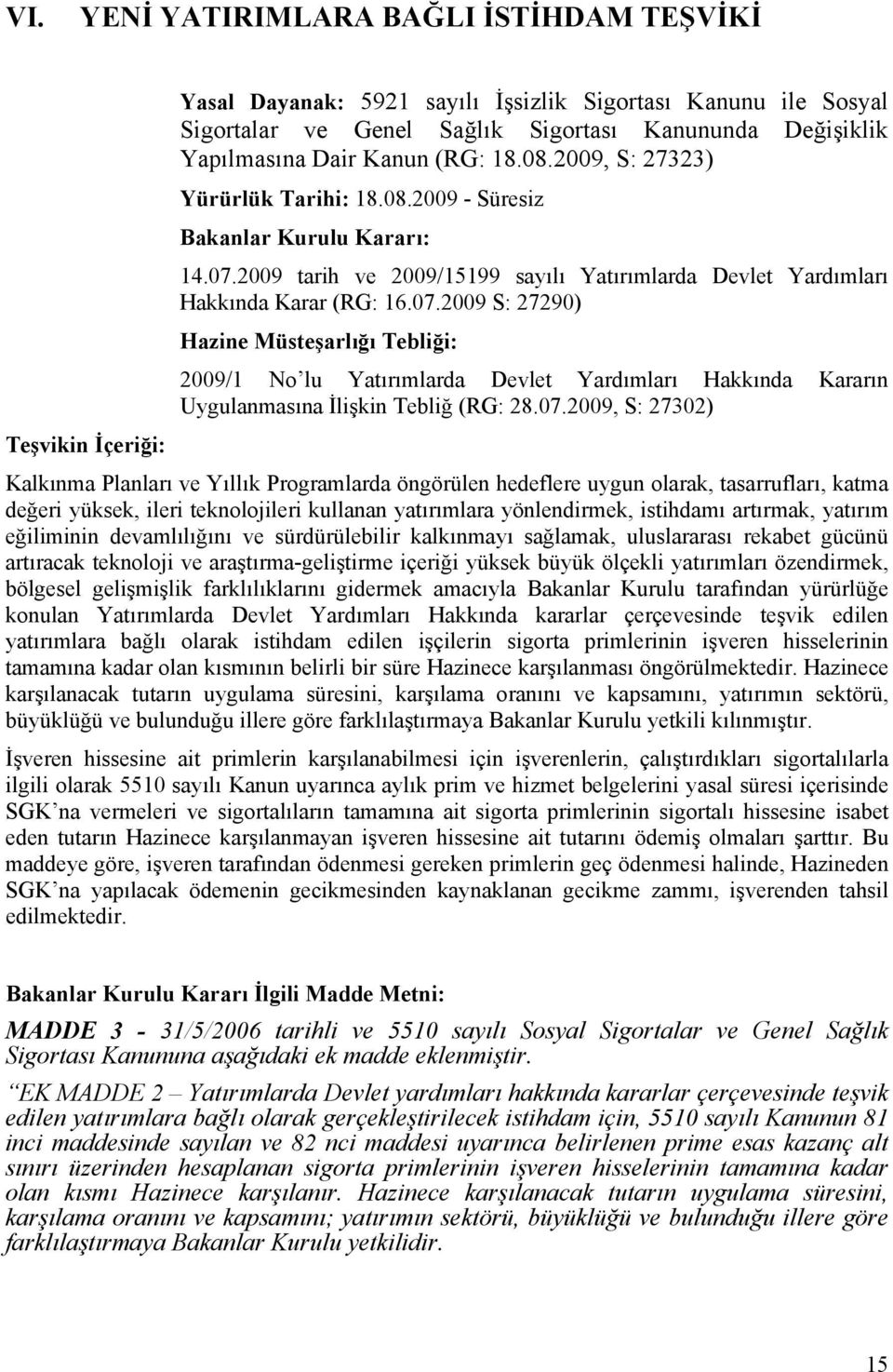 2009 tarih ve 2009/15199 sayılı Yatırımlarda Devlet Yardımları Hakkında Karar (RG: 16.07.