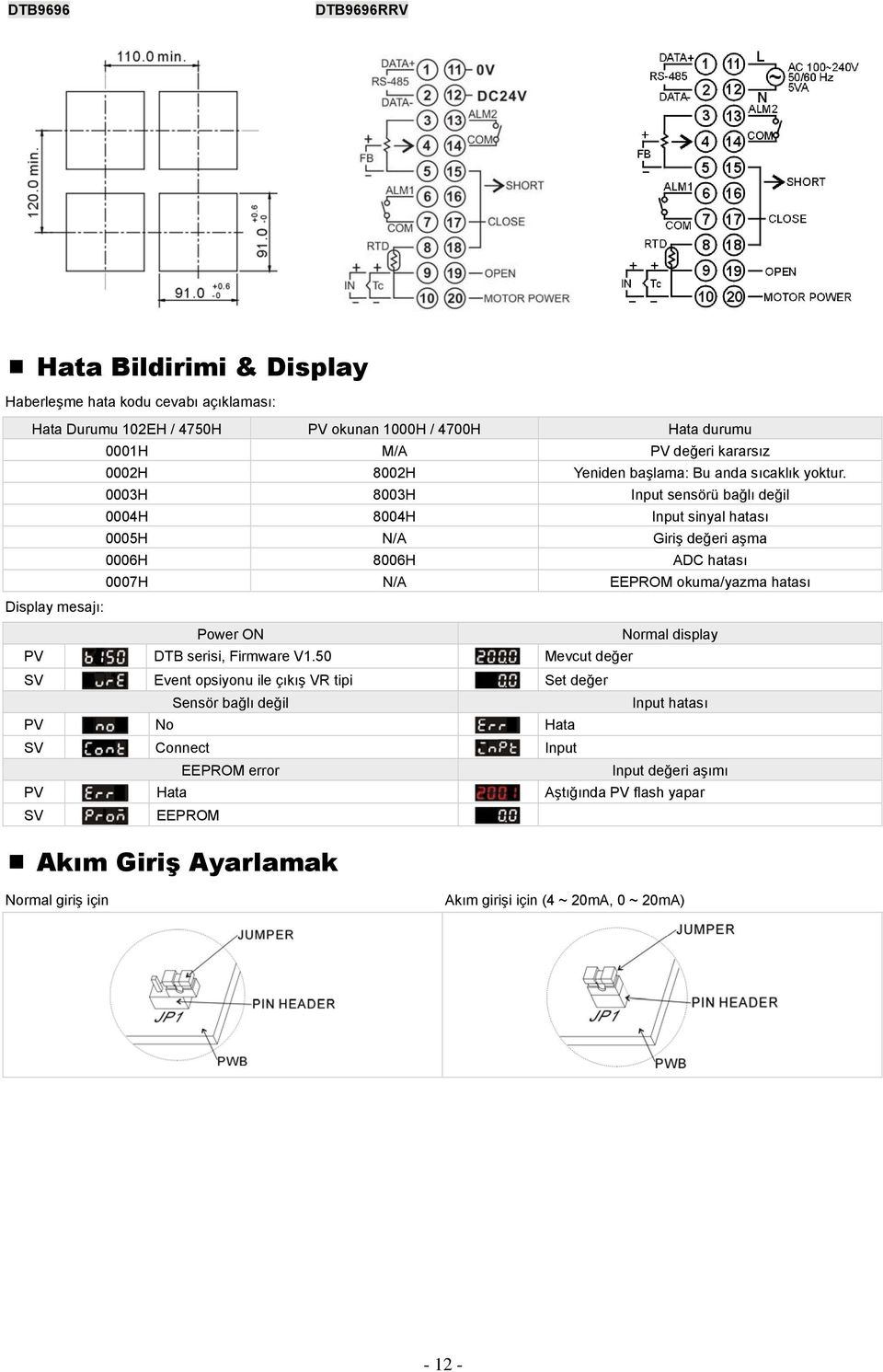 0003H 8003H Input sensörü bağlı değil 0004H 8004H Input sinyal hatası 0005H N/A Giriş değeri aşma 0006H 8006H ADC hatası 0007H N/A EEPROM okuma/yazma hatası Display mesajı: Power