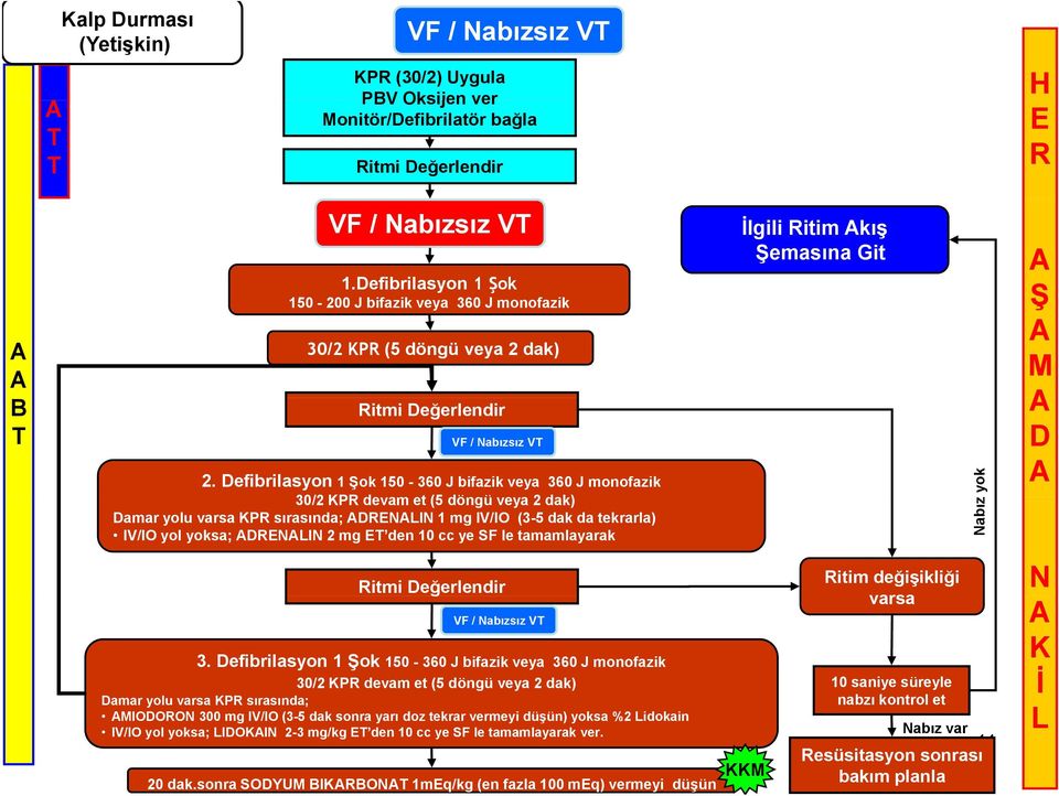 efibrilasyon 1 ok 150-360 J bifazik veya 360 J monofazik 30/2 P devam et (5 döngü veya 2 dak) amar yolu varsa P sırasında; I 1 mg IV/IO (3-5 dak da tekrarla) IV/IO yol yoksa; I 2 mg den 10 cc ye SF